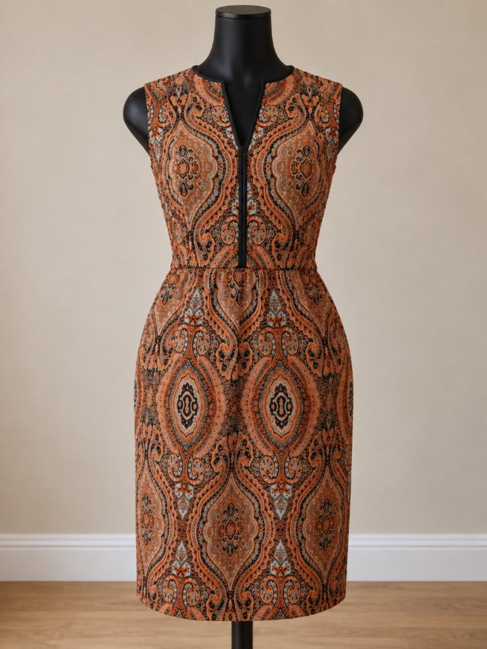 Raoul Black Paisley Embroidered Leather Trim A-Line Dress Pockets 8